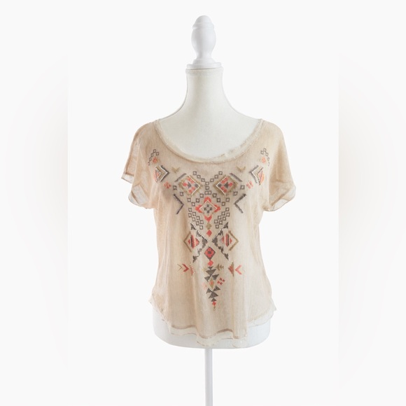Miss Me Tops - Miss Me Sheer Embroidered Boho Mesh Blouse – XS